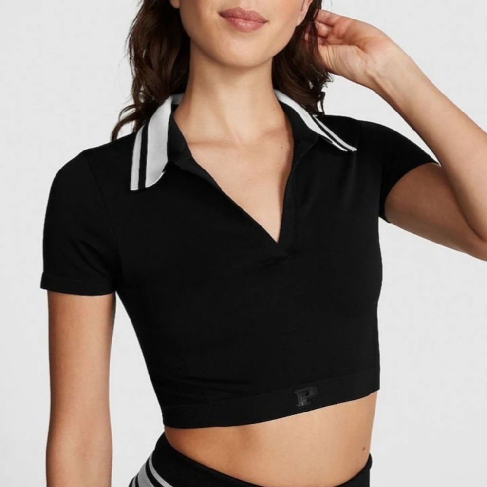 PINK Victoria's Secret Pure Black Cropped Polo Shirt Large - New With Tags